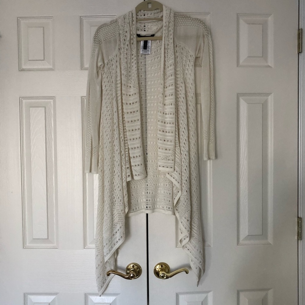 White bcbg lace asymmetrical cardigan